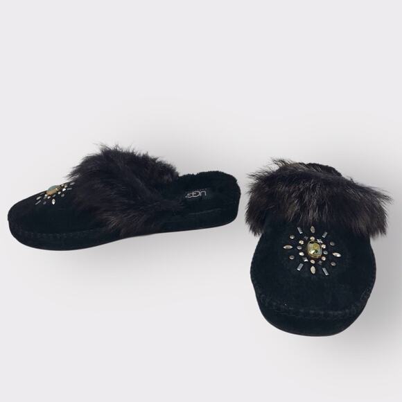 UGG Swarovski Crystal Slippers Aira Black Fur and Jewel Accent Size 7 - Picture 4 of 9